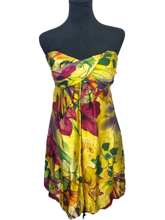 Cache Dresses & Skirts - Cache' Women's Size 6 Satin Strapless Mini Dress Floral Tropical Resortwear